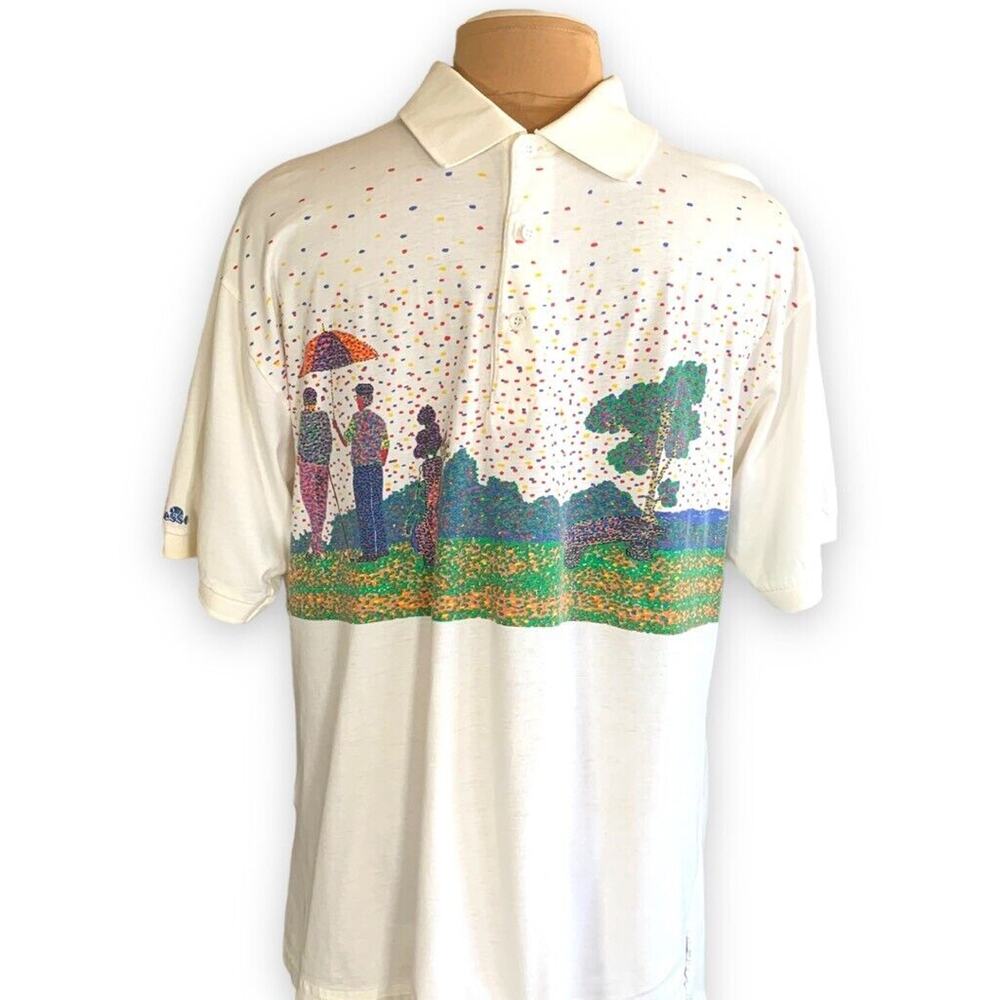 Vintage Ellesse Golf Polo Scenic Print White Mercerized Cotton Shirt Abstract - Picture 2 of 10
